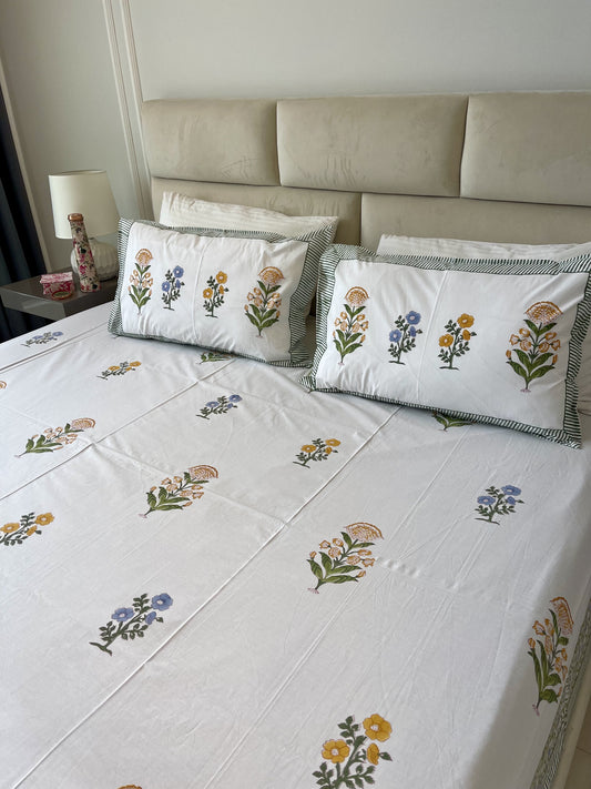 Exquisite Percale Sheet Set Blue & Yellow Marigold handblock printed and crafted includes flat sheet with 2 matching pillowcases 