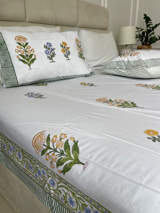Exquisite Percale Sheet Set Blue & Yellow Marigold handblock printed and crafted includes flat sheet with 2 matching pillowcases 