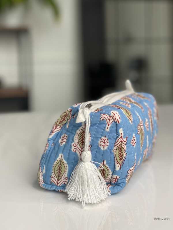 Blue hand block printed medium size toiletry bag for all your travel essentials, leak-proof and washable perfect to gift. | Feather Blue