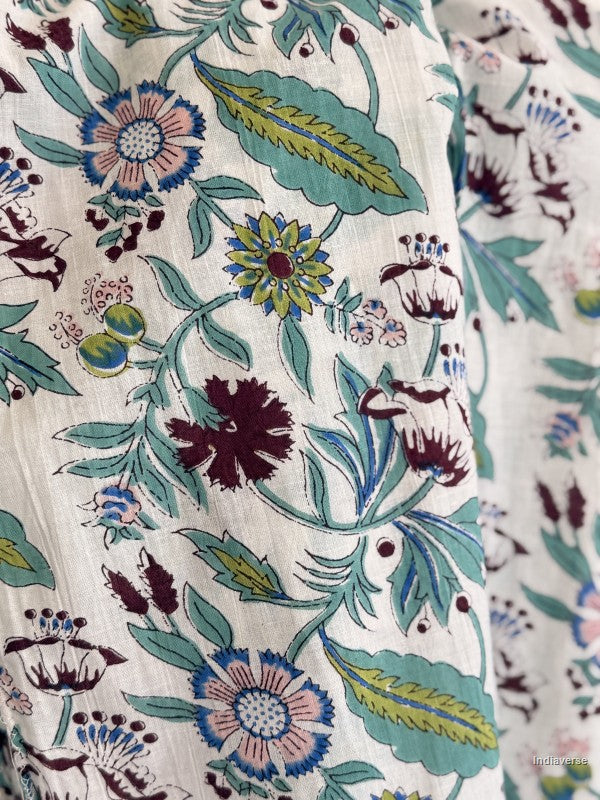 close up of a cotton scarf with floral design