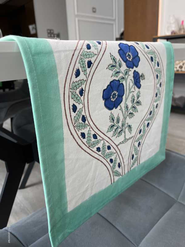 multi coloured hand block printed table runner in cotton canvas in floral design