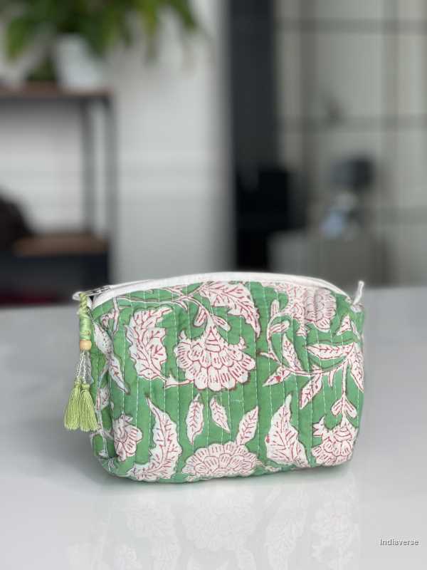 Green hand block printed small size toiletry bag for all your travel essentials, leak-proof and washable perfect to gift | Green