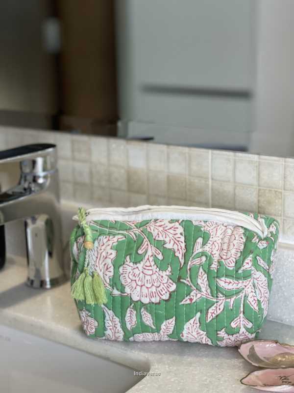 Green hand block printed small size toiletry bag for all your travel essentials, leak-proof and washable perfect to gift | Green