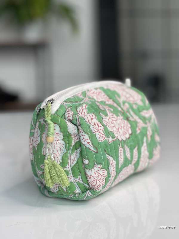 Green hand block printed small size toiletry bag for all your travel essentials, leak-proof and washable perfect to gift | Green