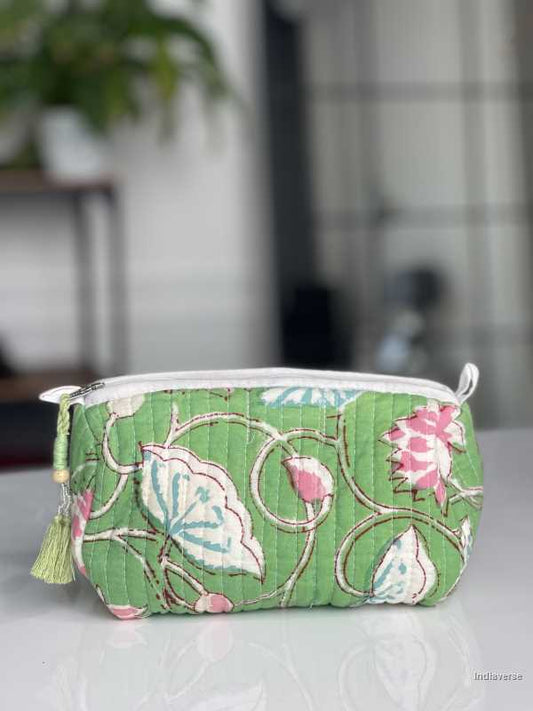 Green hand block printed small size toiletry bag for all your travel essentials, leak-proof and washable perfect to gift | Green Lotus