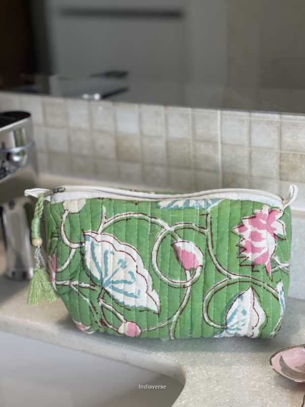 Green hand block printed small size toiletry bag for all your travel essentials, leak-proof and washable perfect to gift | Green Lotus