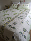 Green blue Jaipuri Comforter with Elephant and Palm in pure cotton with 2 matching quilted pillow cases