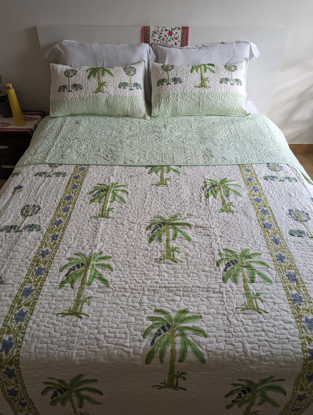 Green blue Jaipuri Comforter with Elephant and Palm in pure cotton with 2 matching quilted pillow cases