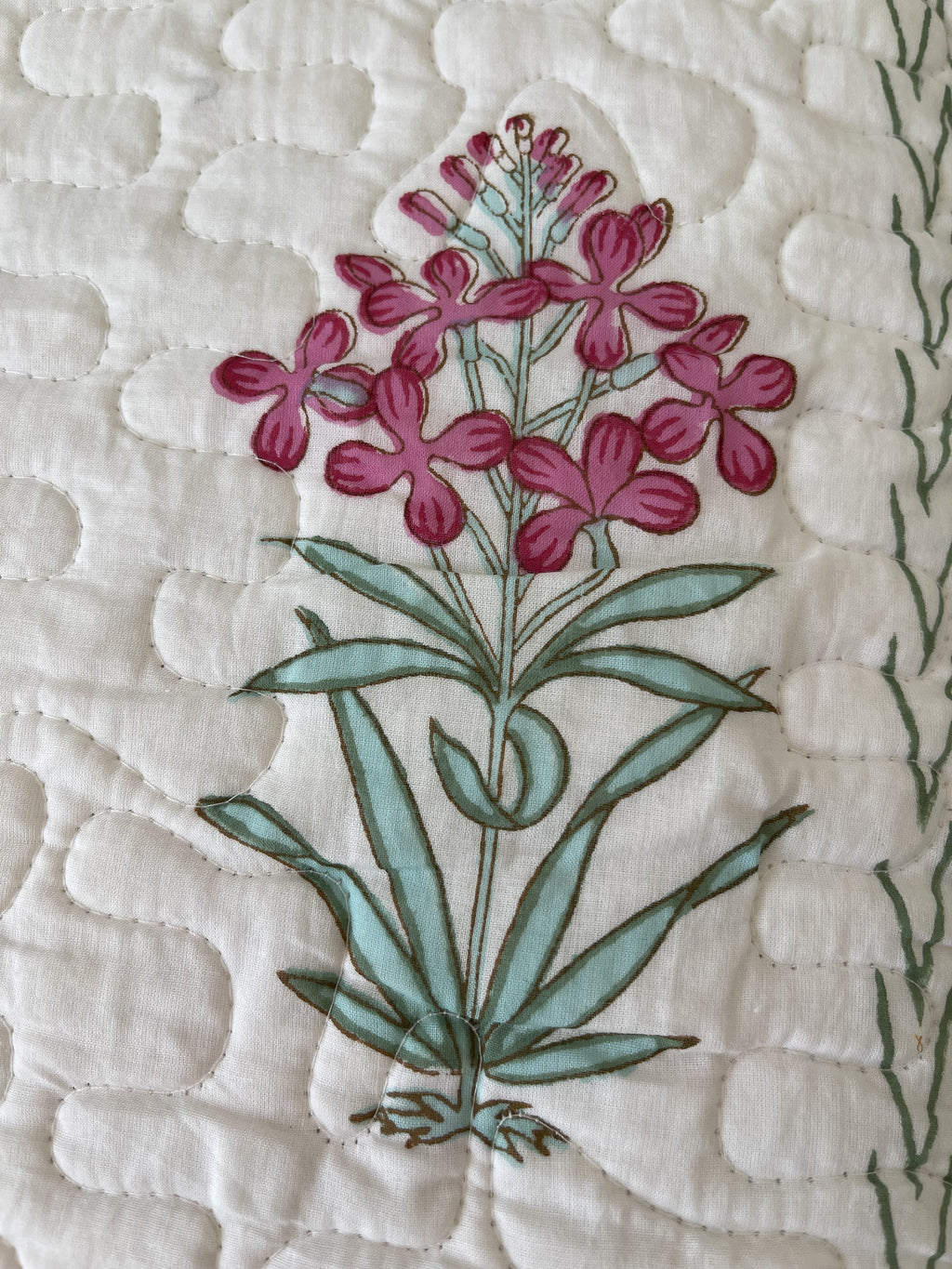 Green pink Jaipuri Comforter with beautiful flowers in pure cotton with 2 matching quilted pillow cases