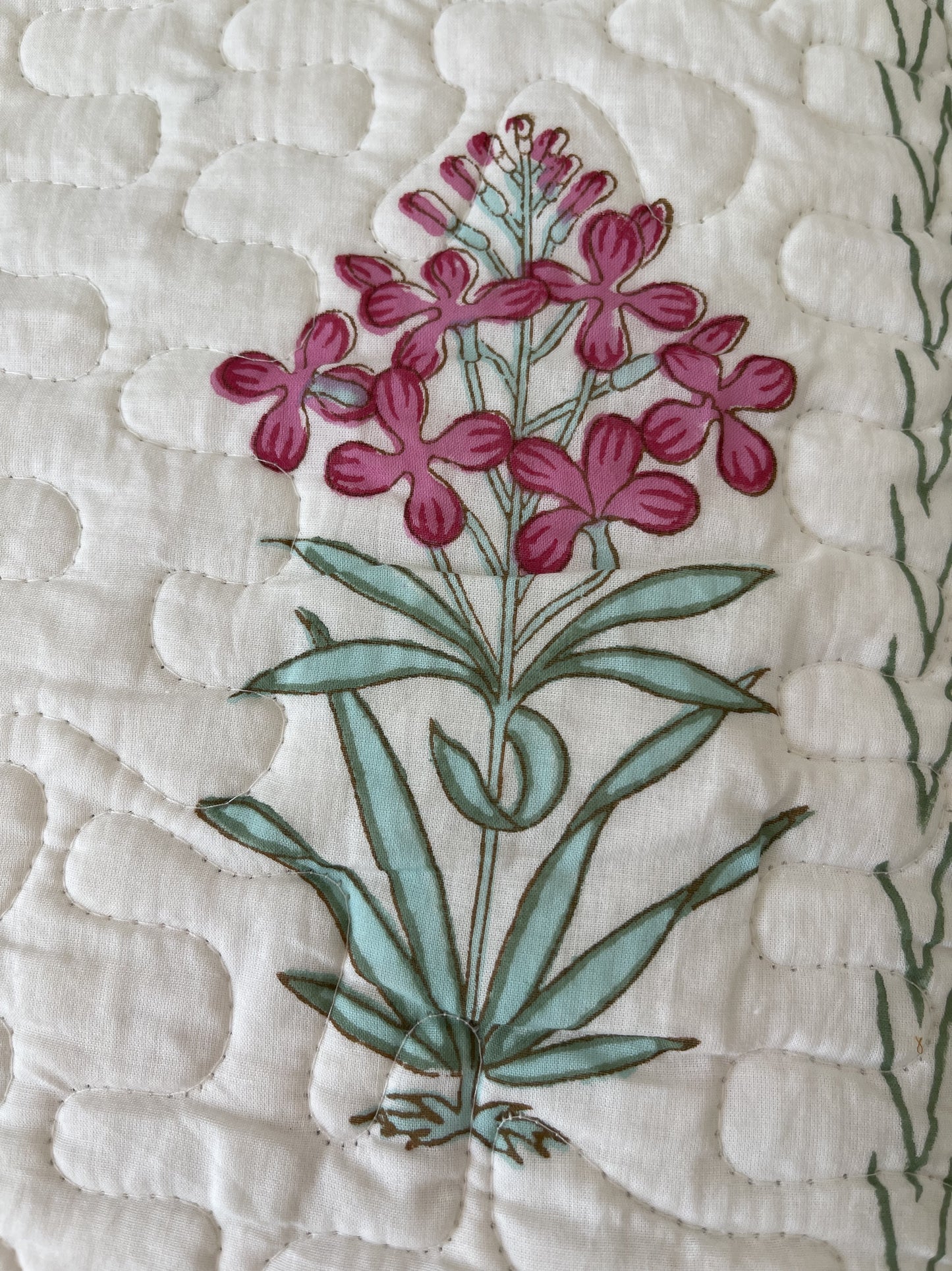 Green pink Jaipuri Comforter with beautiful flowers in pure cotton with 2 matching quilted pillow cases