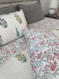 Green pink Jaipuri Comforter with beautiful flowers in pure cotton with 2 matching quilted pillow cases