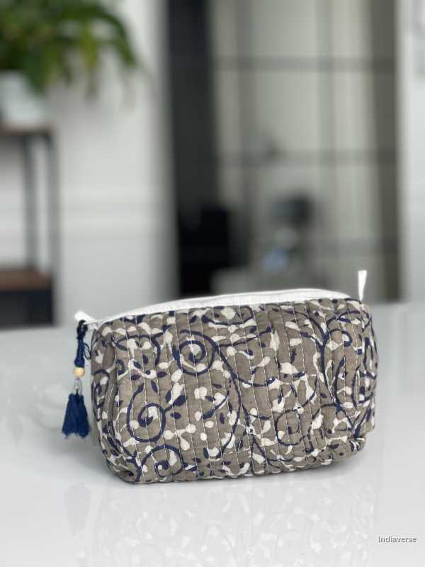 Grey hand block printed small size toiletry bag for all your travel essentials, leak-proof and washable, perfect to gift | Grey Romance