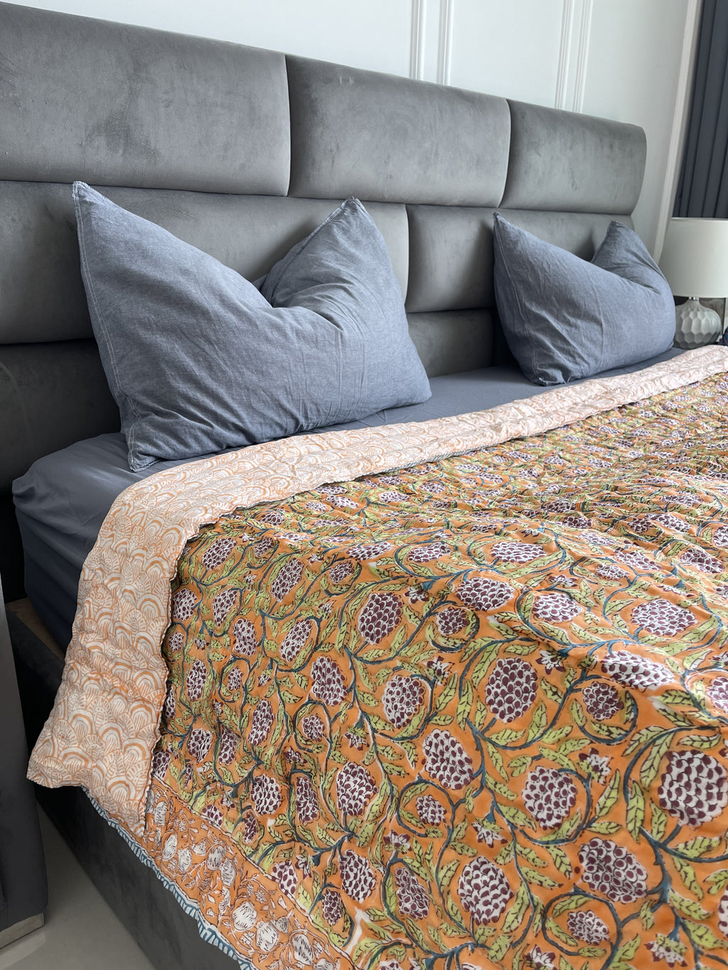 Handmade Jaipuri Double Quilt Blanket with Pomegranate Handblock printed in orange pure cotton