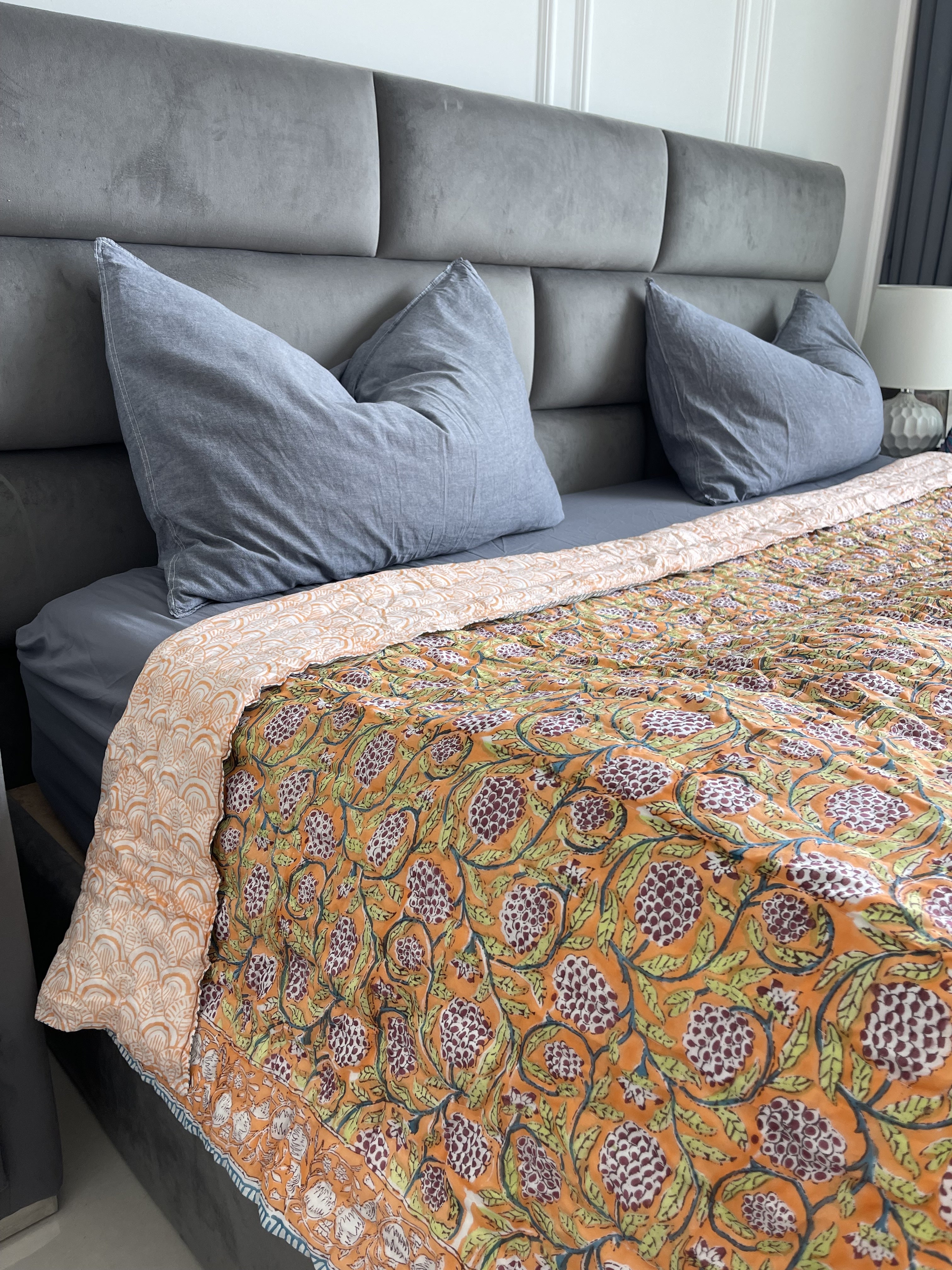 Handmade Jaipuri Double Quilt Blanket with Pomegranate Handblock printed in orange pure cotton