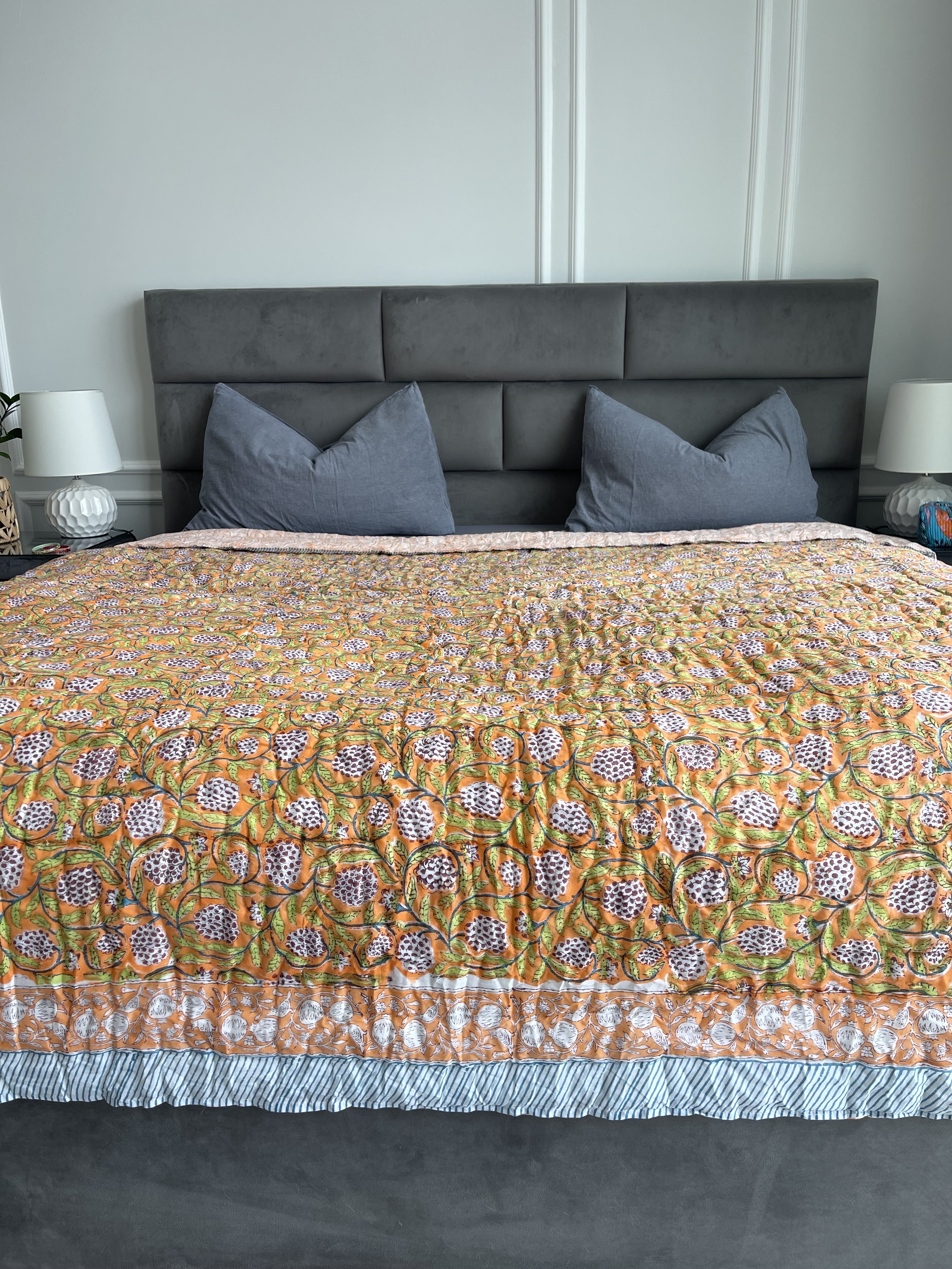 Handmade Jaipuri Double Quilt Blanket with Pomegranate Hand block printed in orange pure cotton
