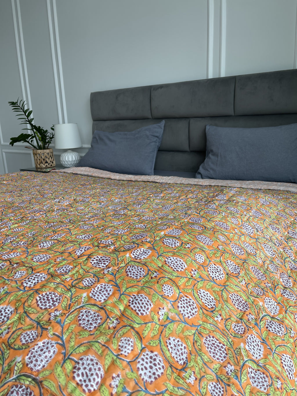 Handmade Jaipuri Double Quilt Blanket with Pomegranate Hand block printed in orange pure cotton