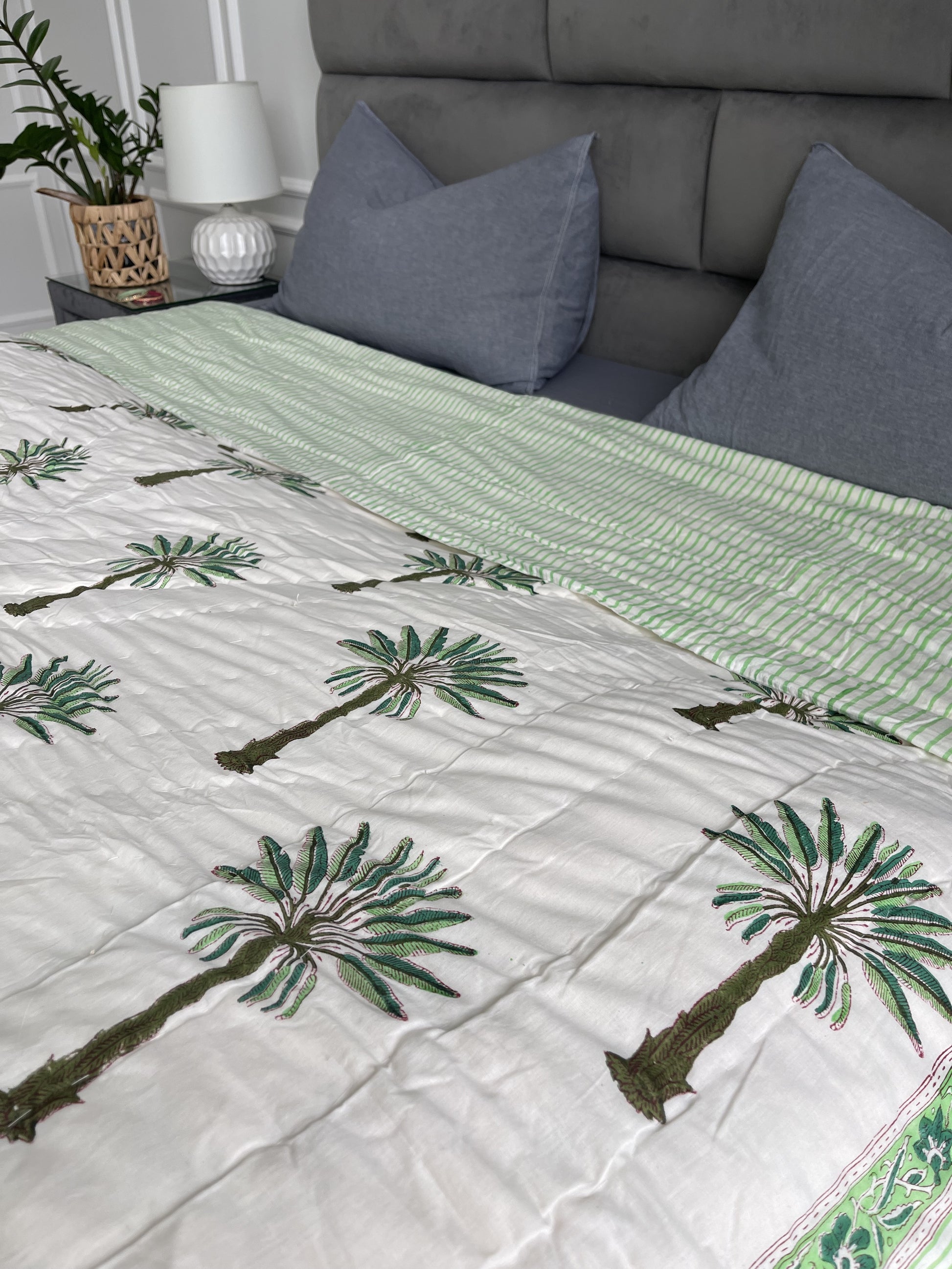 Handmade Jaipuri Double Quilt Blanket with Palm Tree handblock printed in green pure cotton  