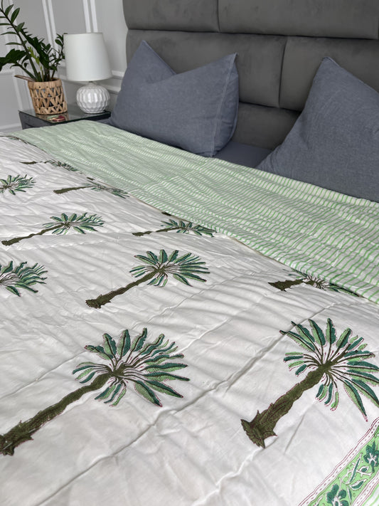 Handmade Jaipuri Double Quilt Blanket with Palm Tree handblock printed in green pure cotton  