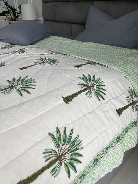 Handmade Jaipuri Double Quilt Blanket with Palm Tree handblock printed in green pure cotton  