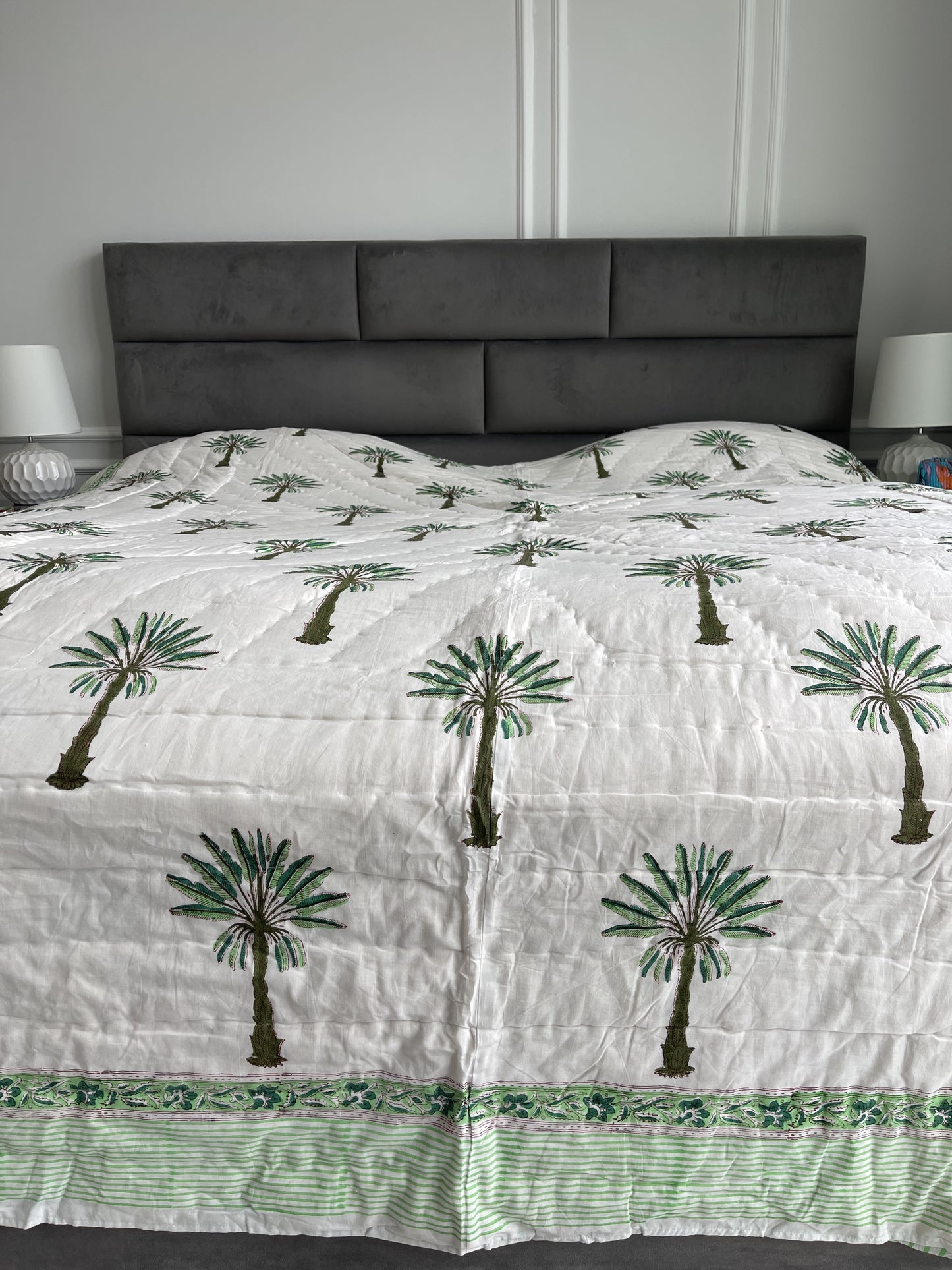 Handmade Jaipuri Double Quilt Blanket with Palm Tree handblock printed in green pure cotton  