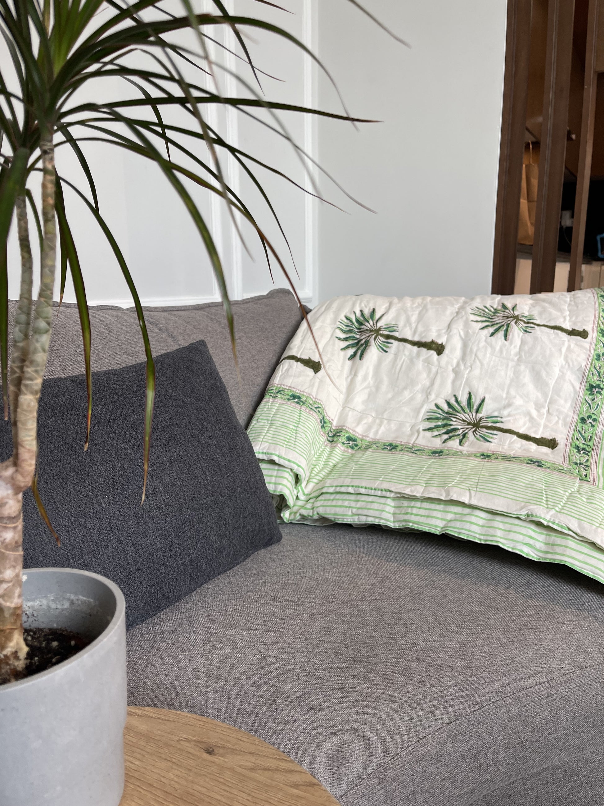 Handmade Jaipuri Double Quilt Blanket with Palm Tree handblock printed in green pure cotton  