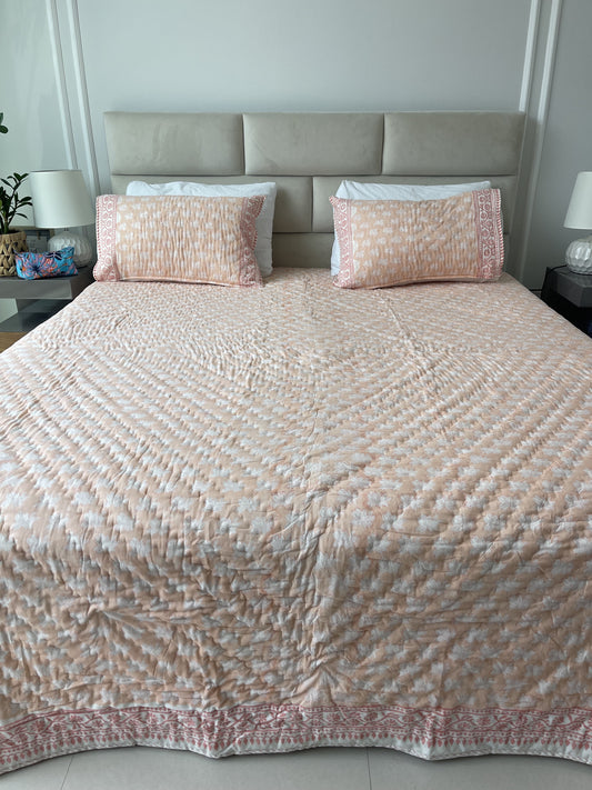 Handmade Jaipuri Double Quilt Coral handblock printed with 2 matching pillow covers