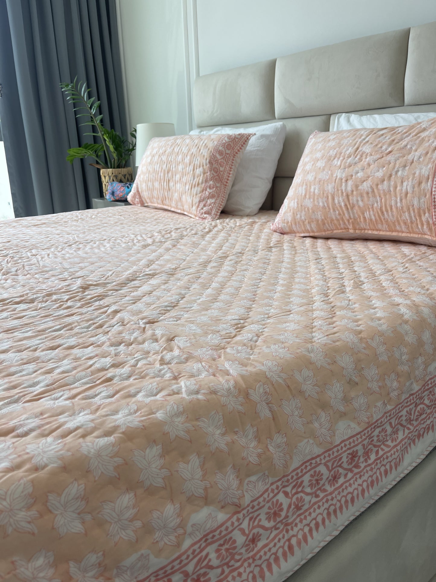 Handmade Jaipuri Double Quilt Coral handblock printed with 2 matching pillow covers