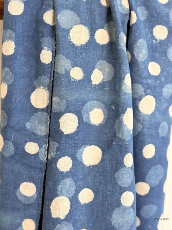 close up of a blue cotton scarf with white dots