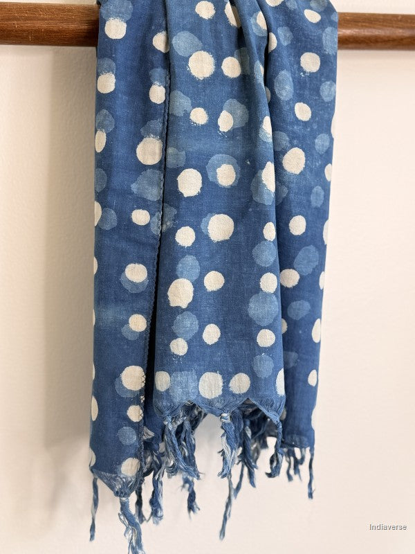 close up of a indigo blue cotton scarf with white dots