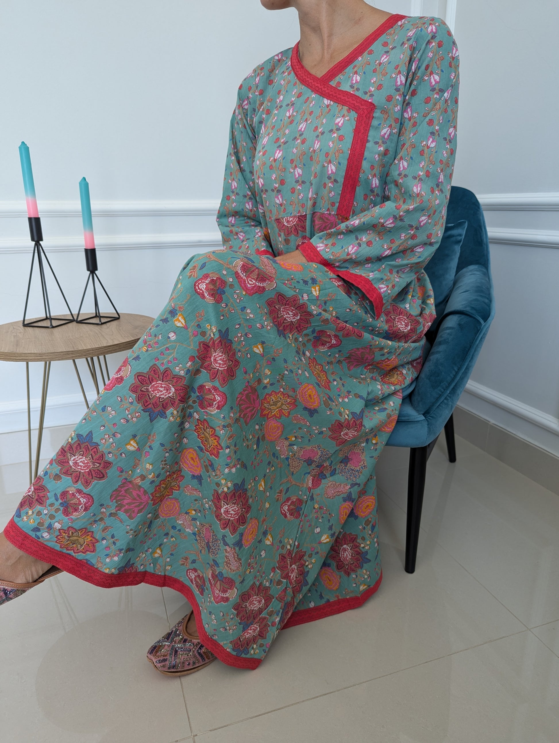 long-cotton-dress-base-color-aquamarine-in-wrap-dress-look-with-red-lace-border-and-red-flower-design