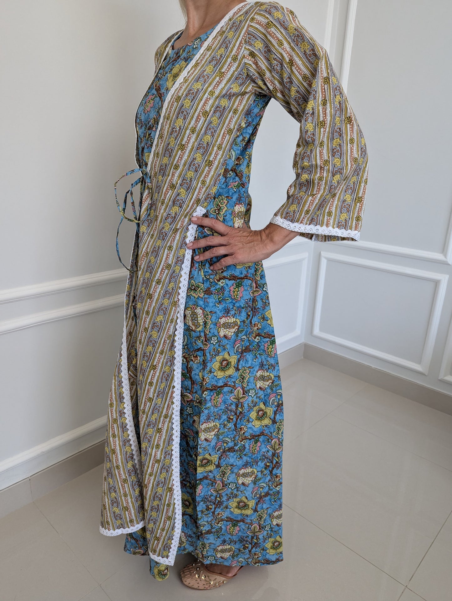 Long two-Layered Dress-Royal Spring-in-blue-and-floral-pattern-made-of-pure-cotton