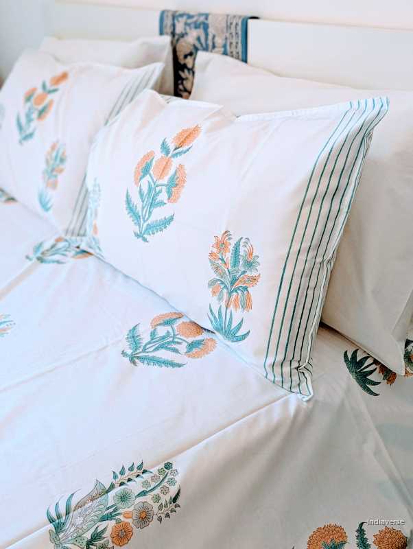 percale cotton bed sheet with marigold flowers for queen and king size mattress