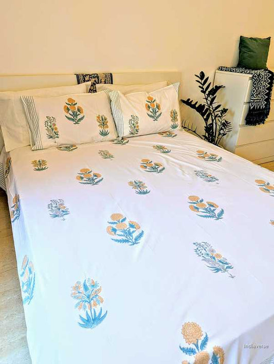 percale cotton bed sheet with marigold flowers for queen and king size mattress