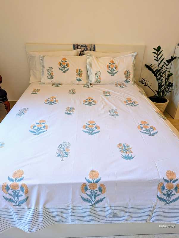 percale cotton bed sheet with marigold flowers for queen and king size mattress