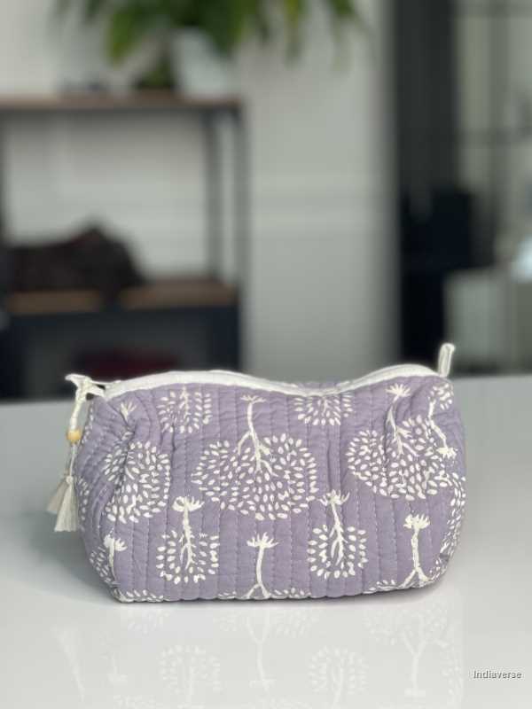 Grey purple hand block printed small size toiletry bag for all your travel essentials, leak-proof and washable, perfect to gift | Mauve Tree