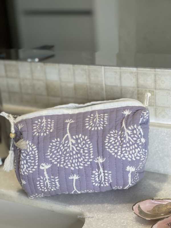 Grey purple hand block printed small size toiletry bag for all your travel essentials, leak-proof and washable, perfect to gift | Mauve Tree