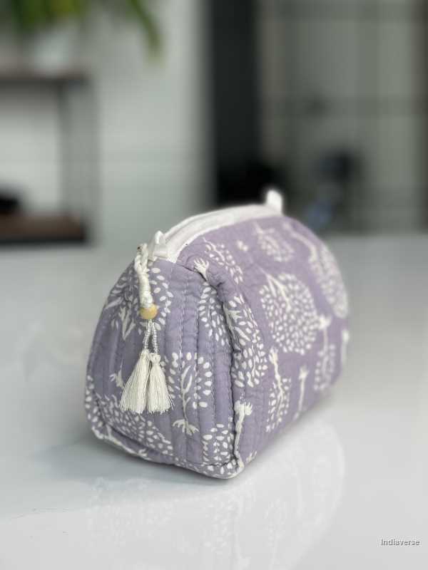 Grey purple hand block printed small size toiletry bag for all your travel essentials, leak-proof and washable, perfect to gift | Mauve Tree