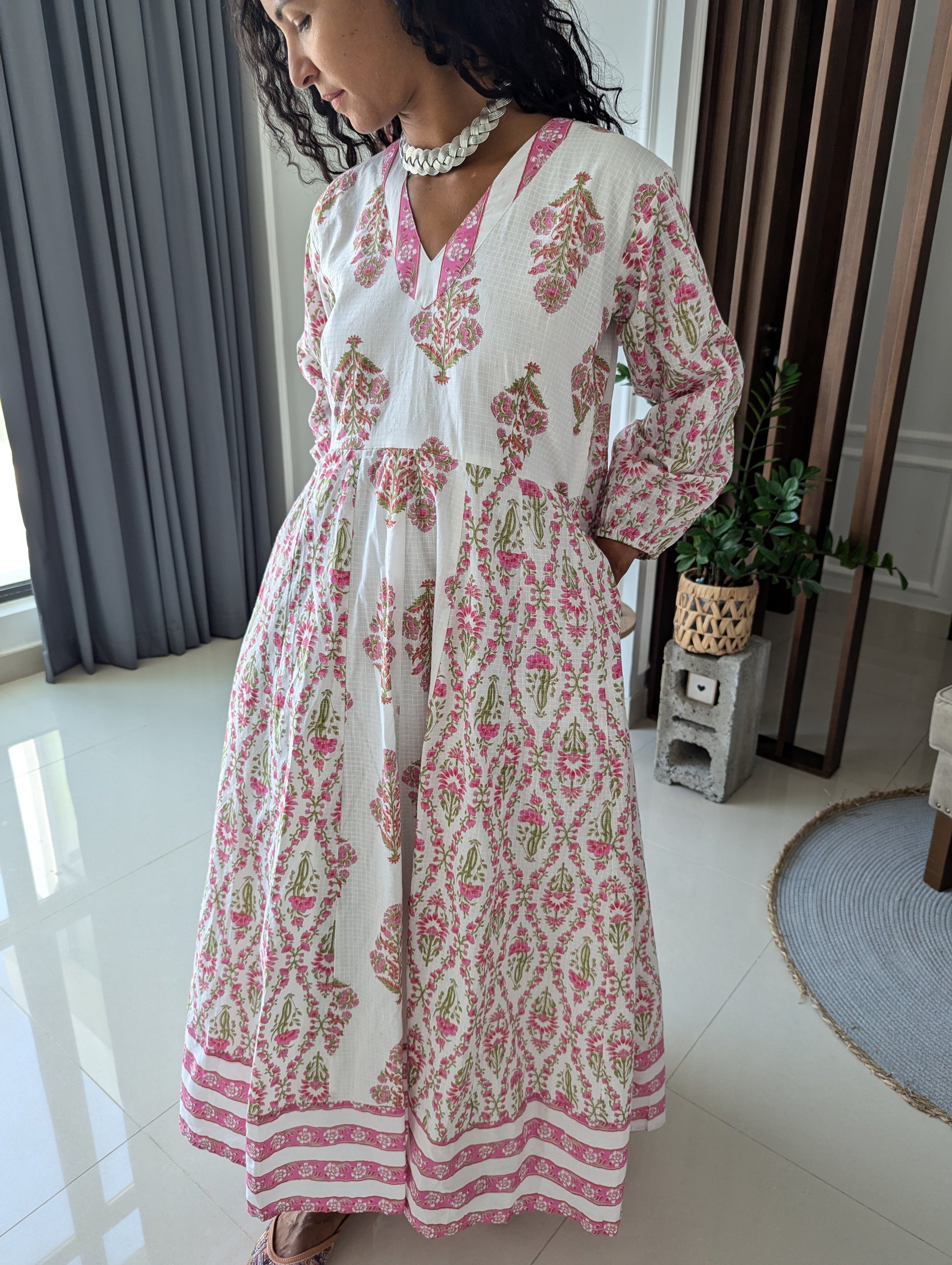 Maxi-cotton-Dress-with-pink-flower-jaipuri-design-full-length-sleeves-and-ankle-length