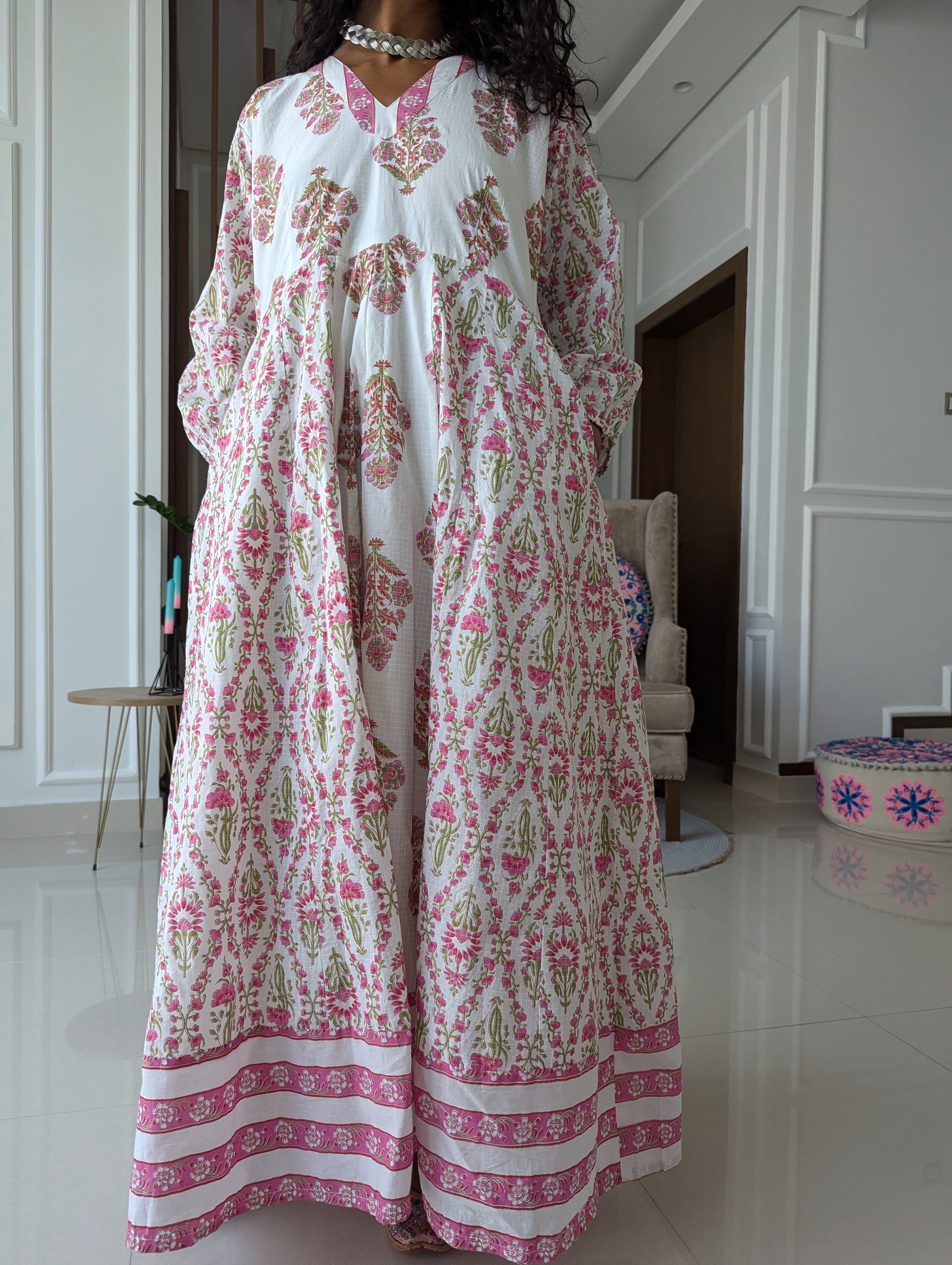 Maxi-cotton-Dress-with-pink-flower-jaipuri-design-full-length-sleeves-and-ankle-length