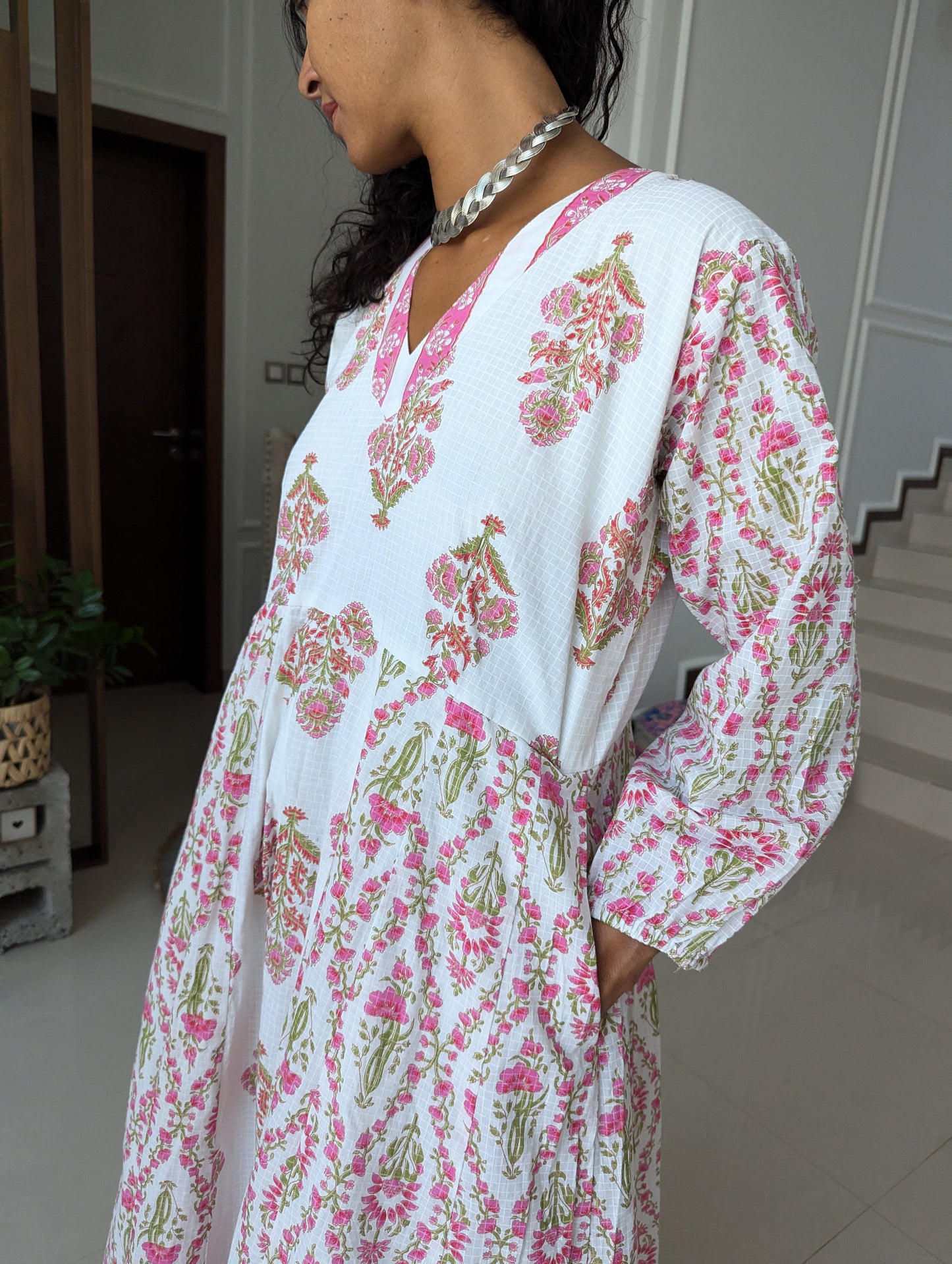 Maxi-cotton-Dress-with-pink-flower-jaipuri-design-full-length-sleeves-and-ankle-length