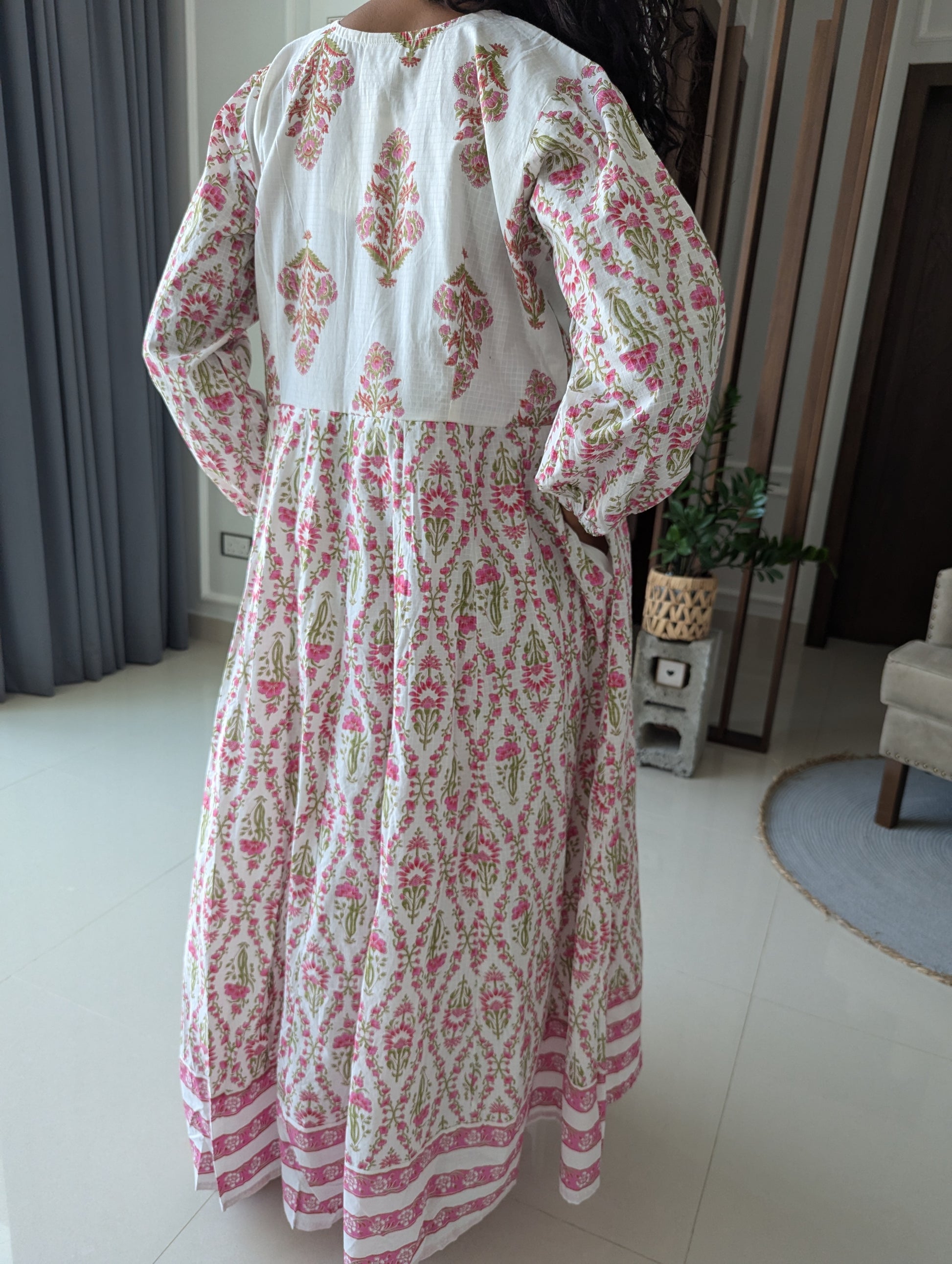 Maxi-cotton-Dress-with-pink-flower-jaipuri-design-full-length-sleeves-and-ankle-length