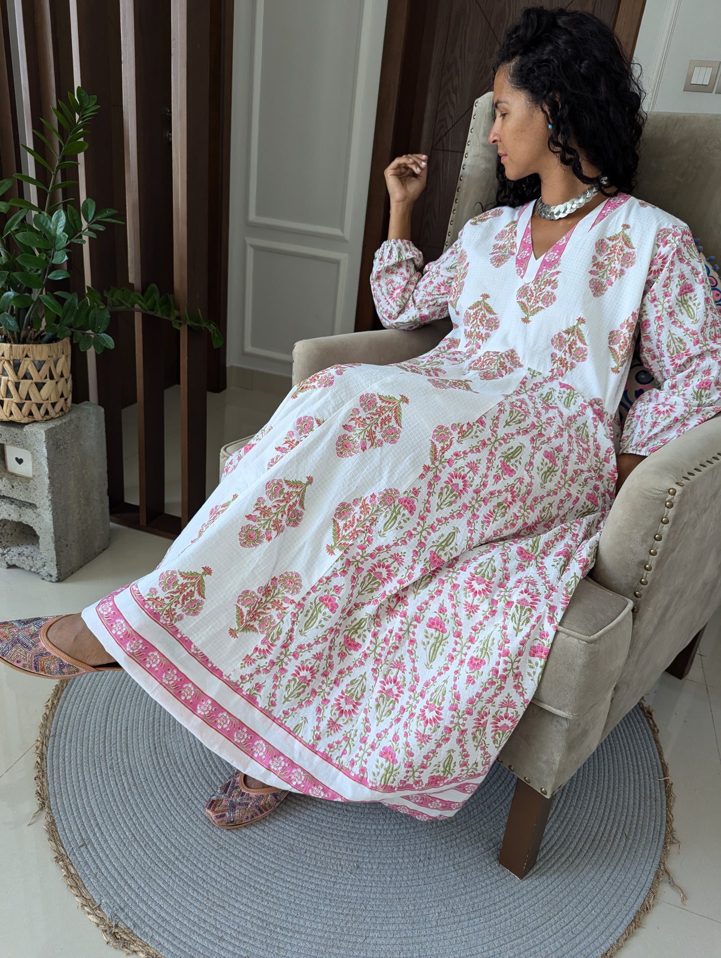 Maxi-cotton-Dress-with-pink-flower-jaipuri-design-full-length-sleeves-and-ankle-length