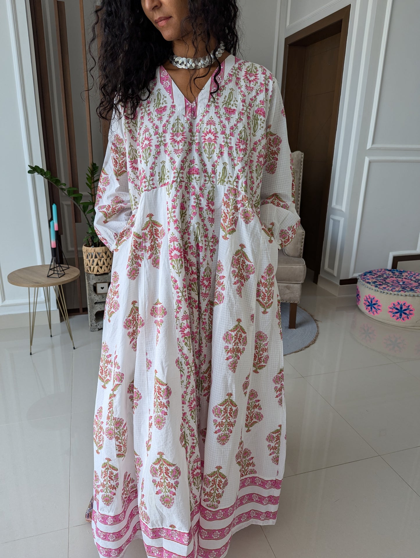 Maxi-cotton-Dress-with-pink-floral-design-in-classic-jaipuri-style-full-length-sleeves-and-ankle-length