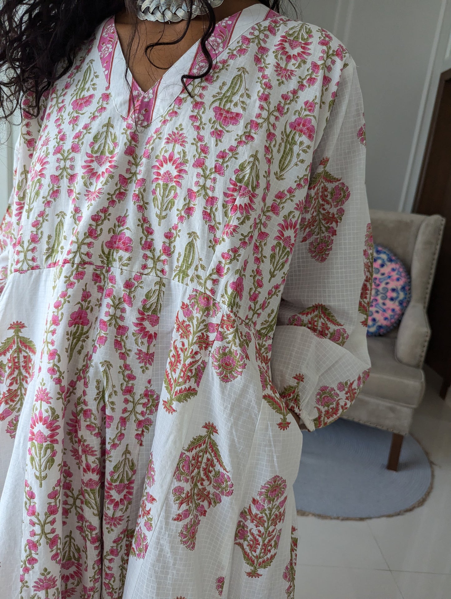 Maxi-cotton-Dress-with-pink-floral-design-in-classic-jaipuri-style-full-length-sleeves-and-ankle-length