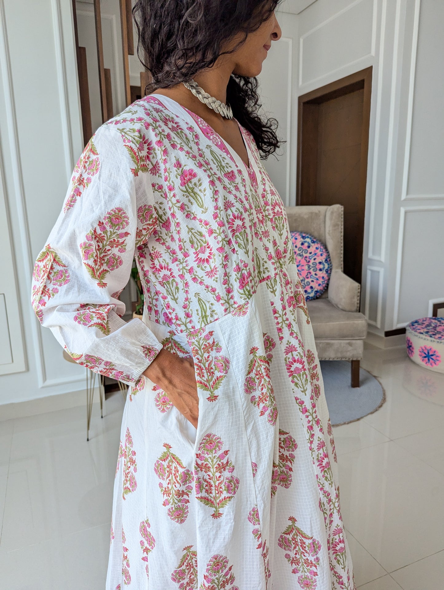 Maxi-cotton-Dress-with-pink-floral-design-in-classic-jaipuri-style-full-length-sleeves-and-ankle-length