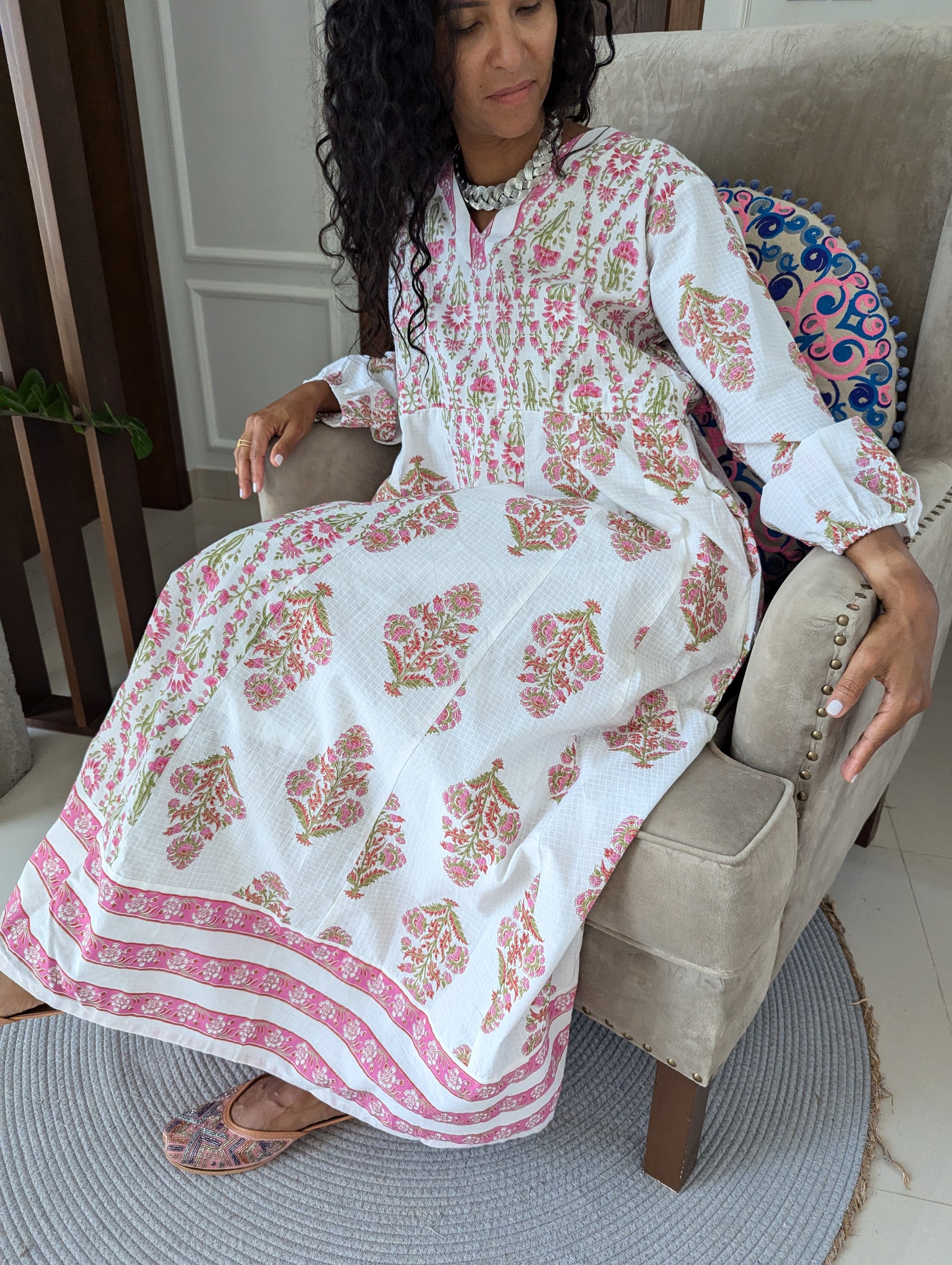 Maxi-cotton-Dress-with-pink-floral-design-in-classic-jaipuri-style-full-length-sleeves-and-ankle-length