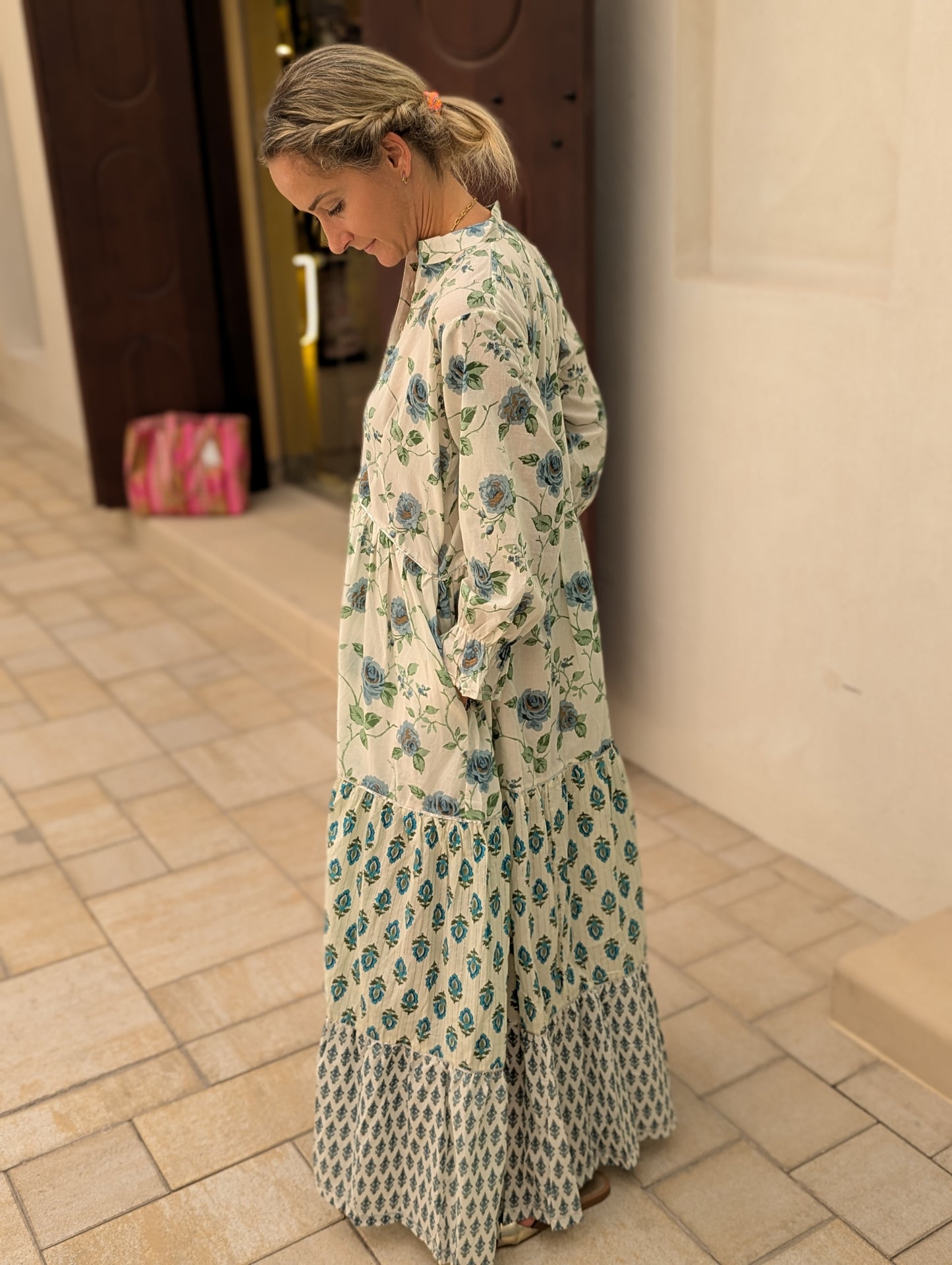 Maxi-Dress-with-blue-roses-design-button-closure-and-full-length-arms