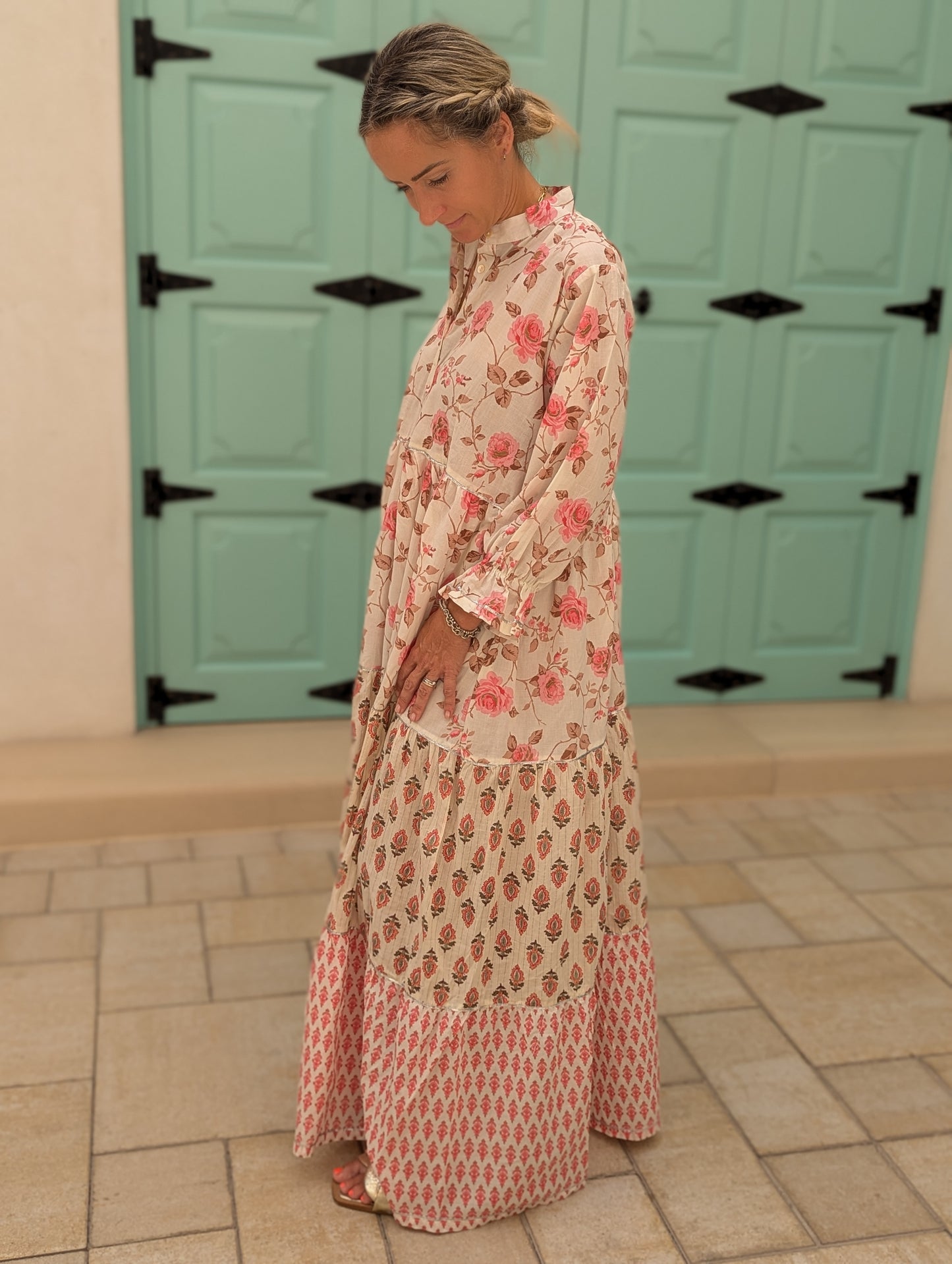 Maxi-Dress-with-pink-roses-design-button-closure-and-full-length-arms