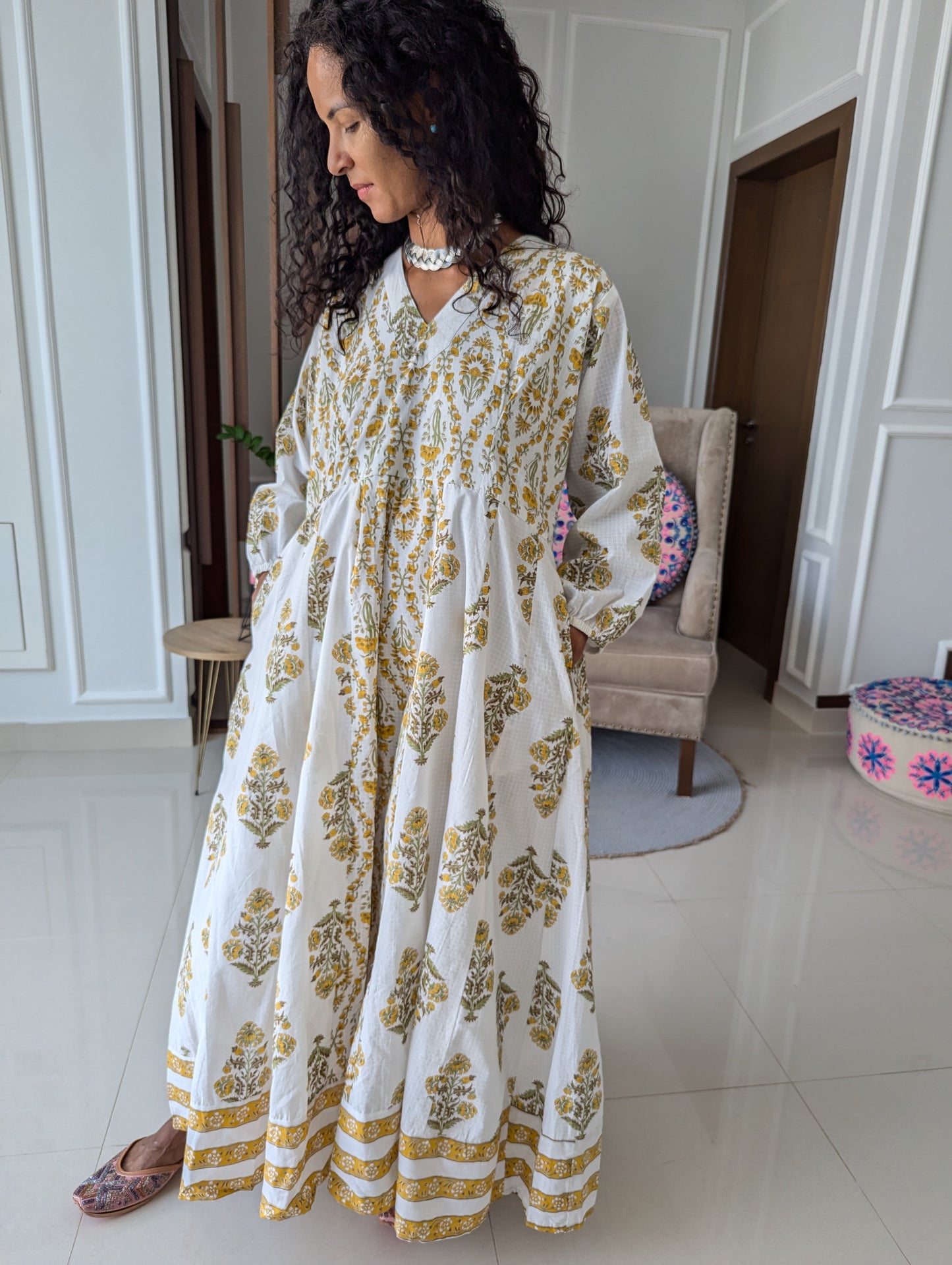 maxi-cotton-dress-with-yellow-flower-design-printed-in-jaipuri-style-full-length-sleeves-and-ankle-length