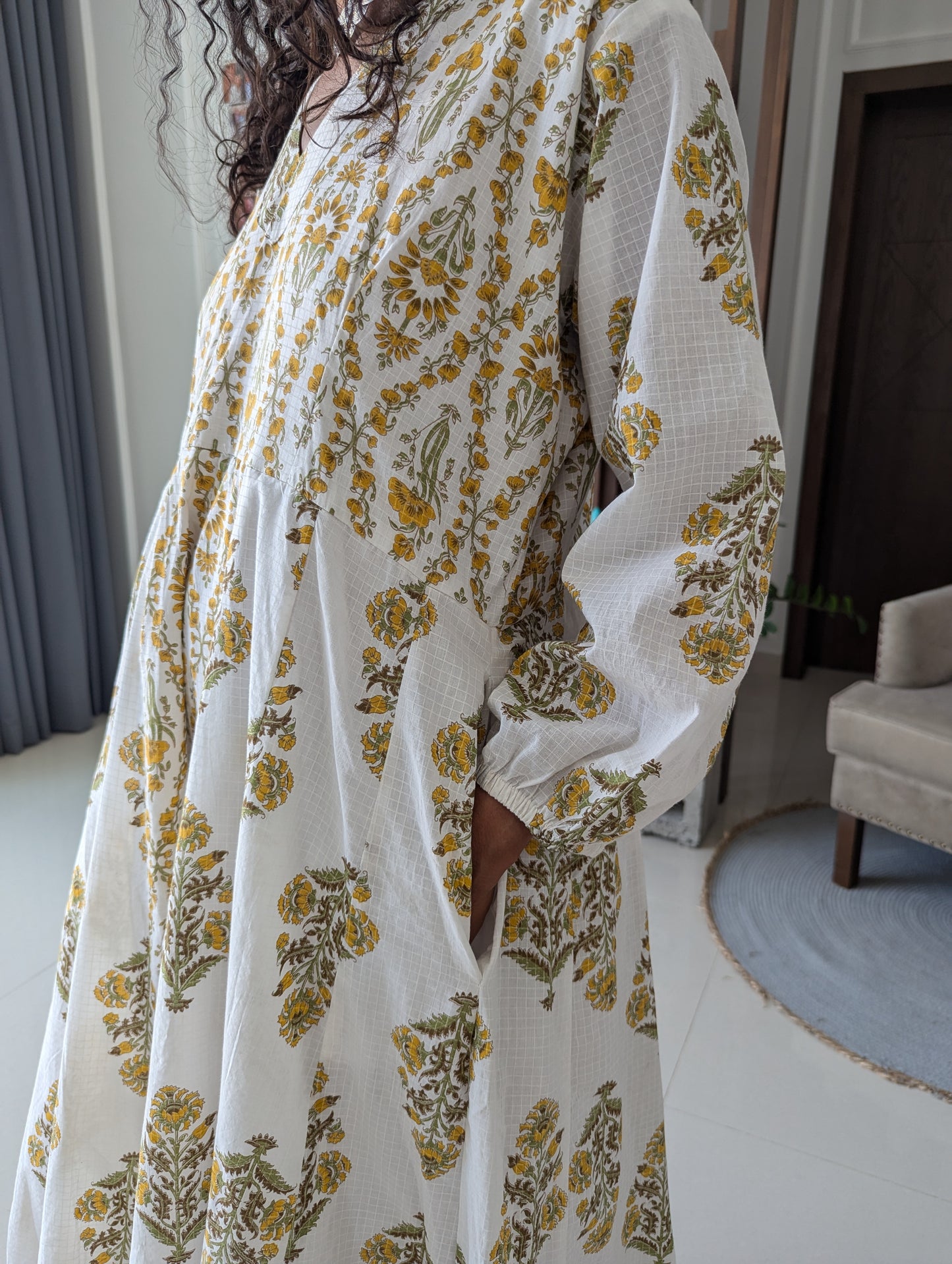 maxi-cotton-dress-with-yellow-flower-design-printed-in-jaipuri-style-full-length-sleeves-and-ankle-length